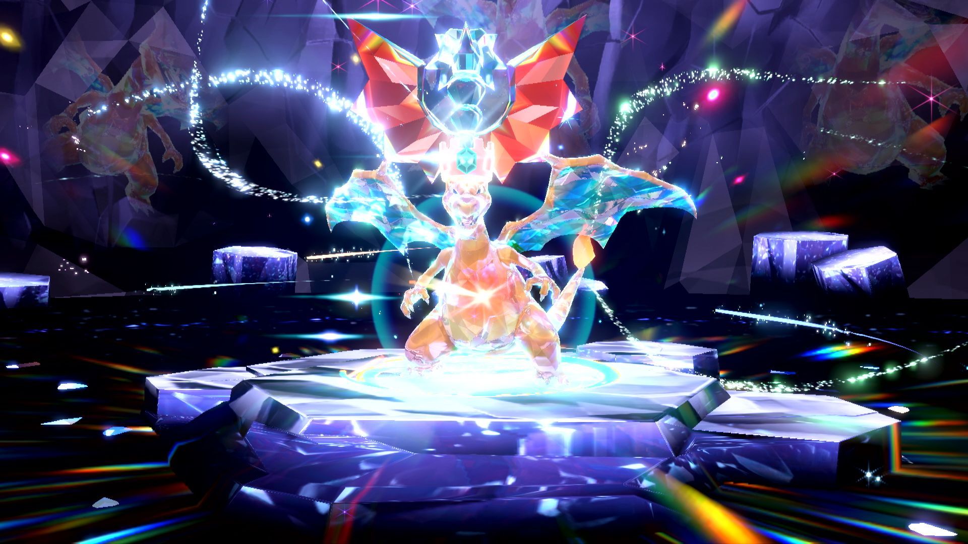 Video game screenshot of a Pokemon with crystal effects around its body
