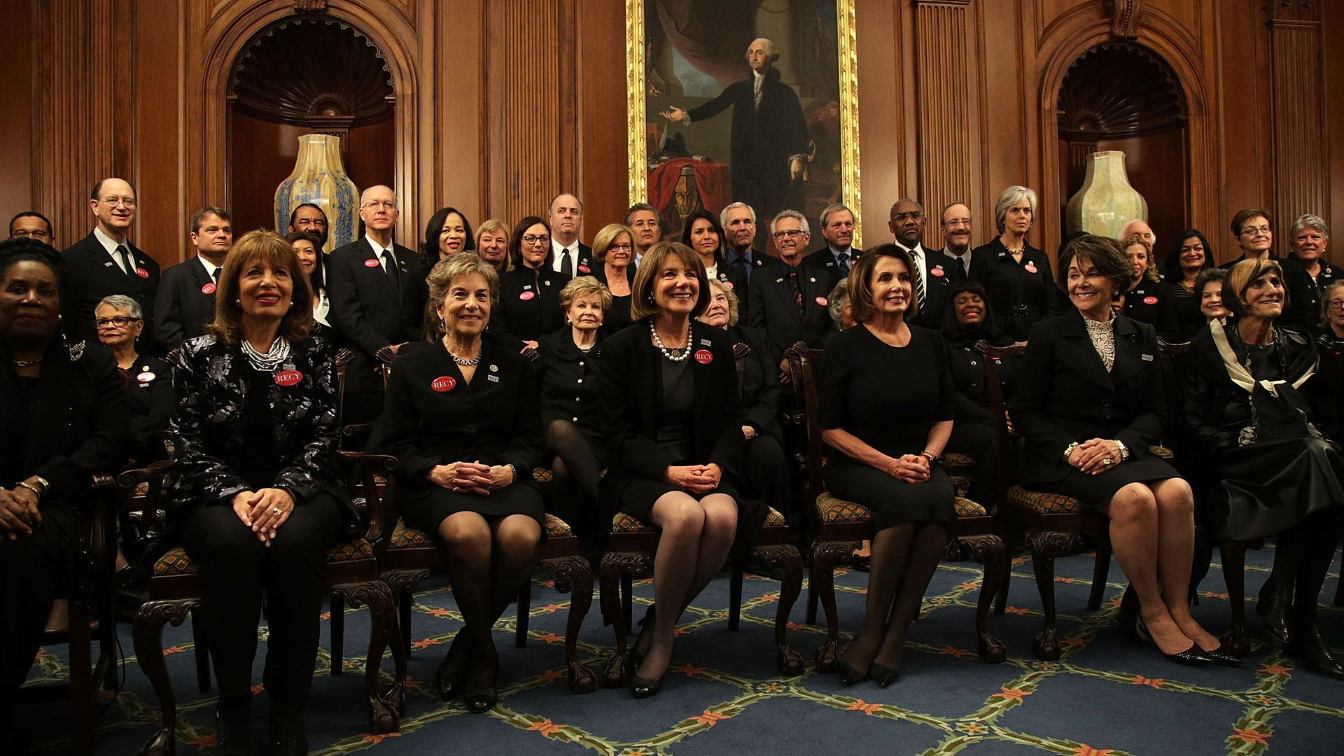 House Minority Leader Rep. Nancy Pelosi and other House Democrats wear black prior to President Donald Trump's first State of the Union address.