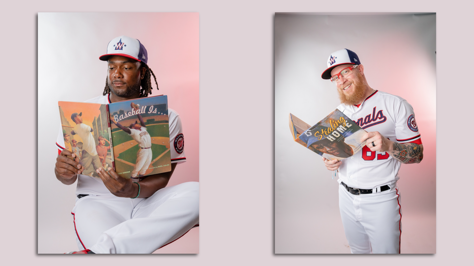 Two men wearing baseball uniforms hold up children's books