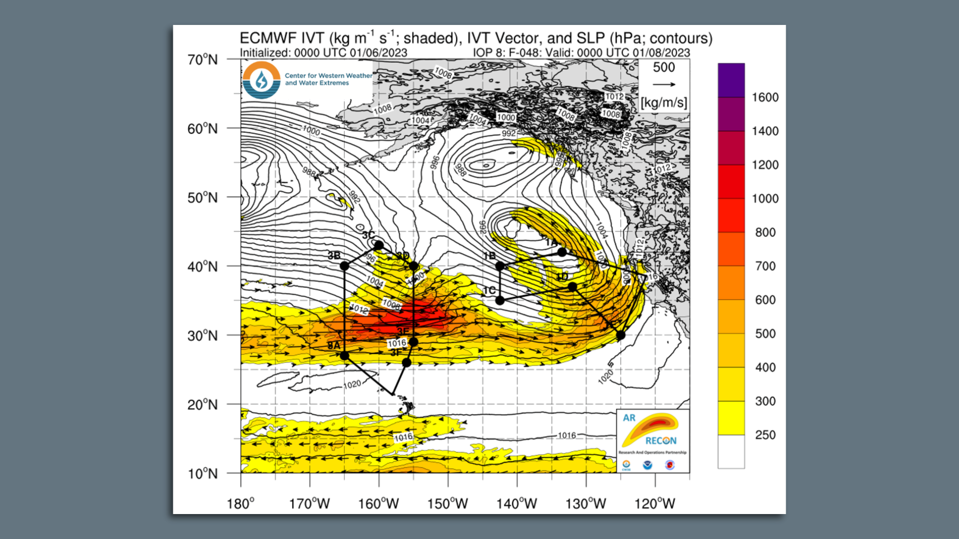 Map showing atmospheric rivers headed for the West Coast and flight tracks of hurricane hunter aircraft.