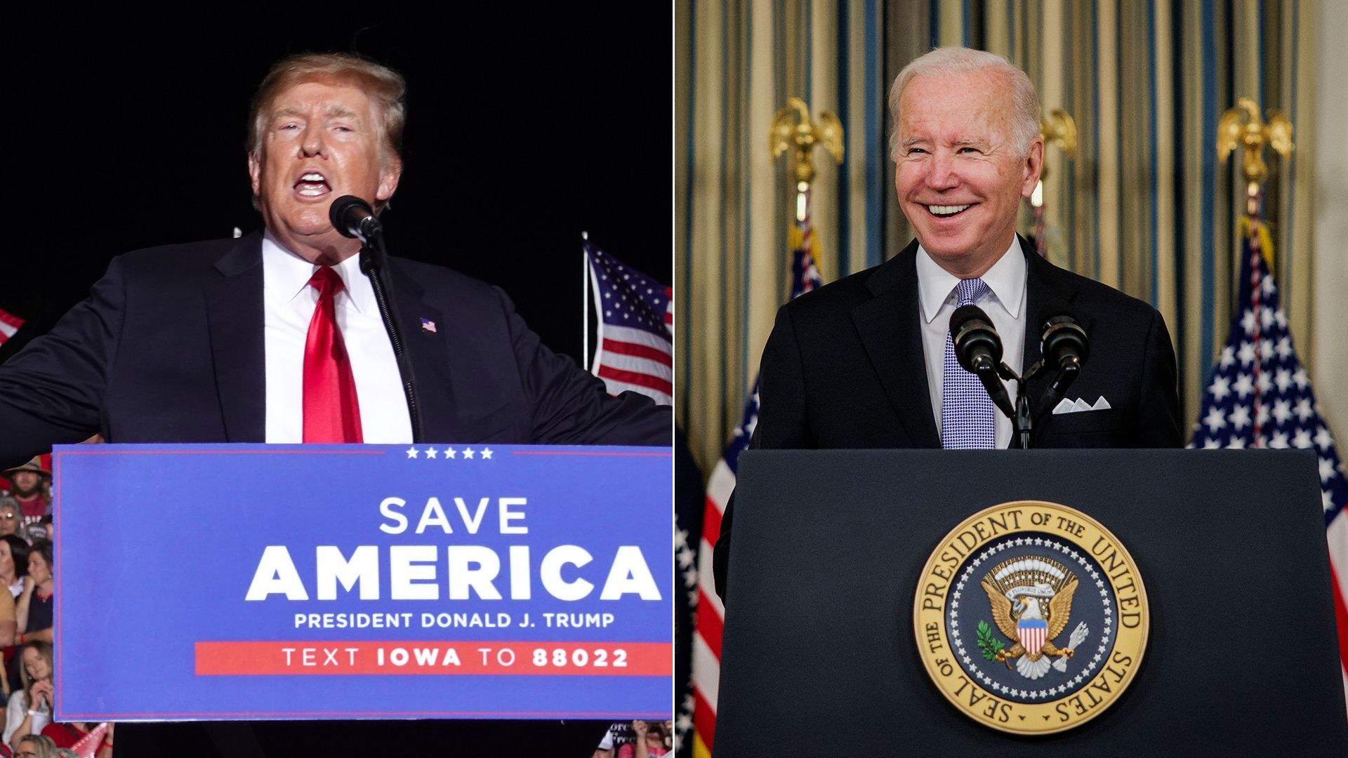 Side-by-side photos of former President Donald Trump and President Joe Biden speaking at podiums.