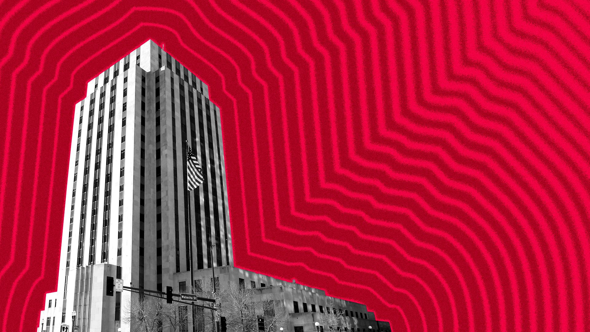 Illustration of St. Paul City Hall with lines radiating from it. 