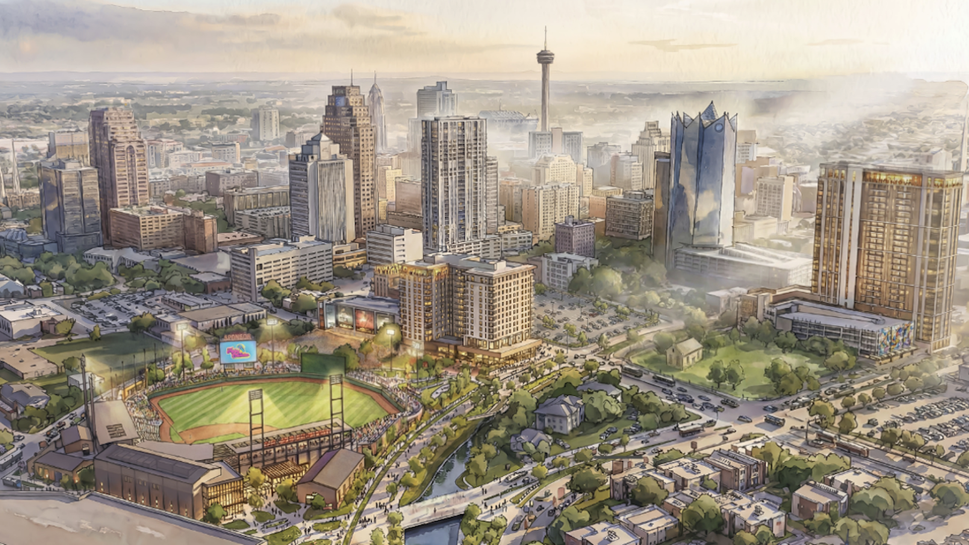 An artist's rendering of a downtown San Antonio skyline view, including the Tower of the Americas and Frost Tower, with a San Antonio Missions baseball stadium in the foreground. 