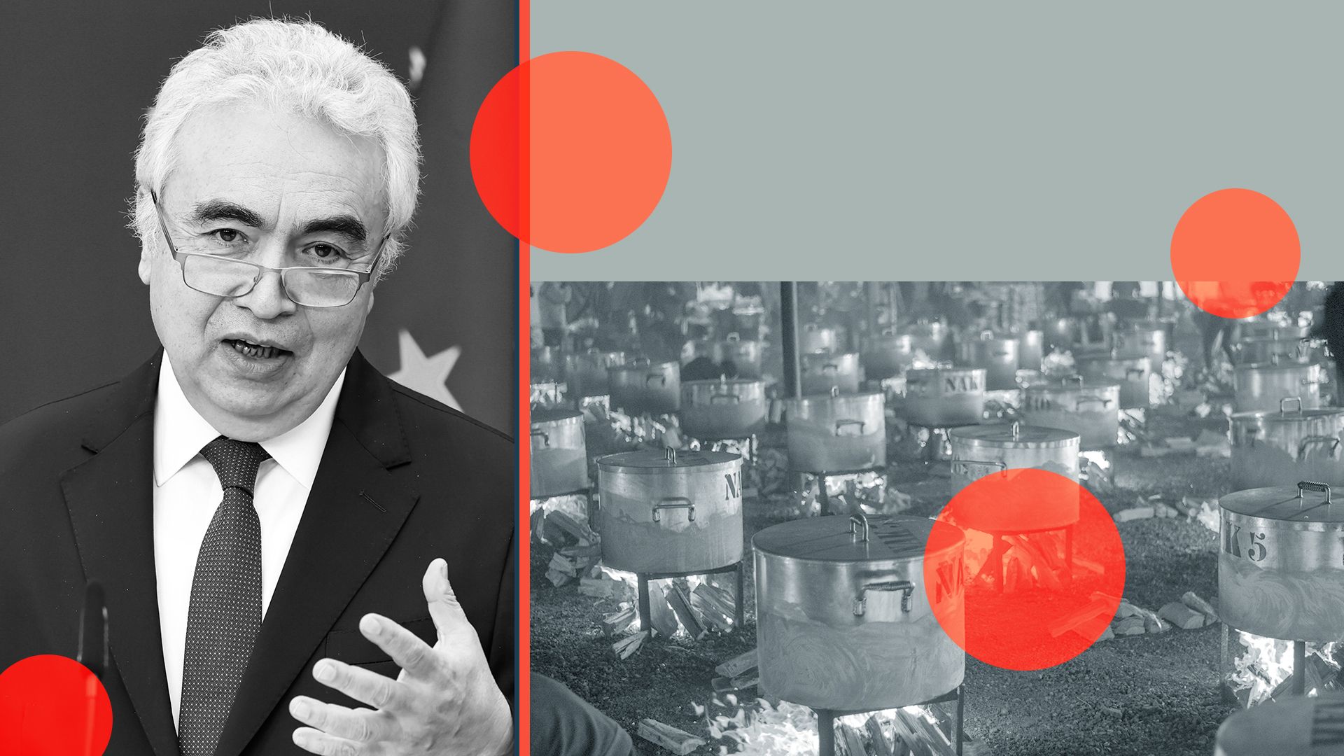 Photo illustration of Fatih Birol, cooking fires, and abstract shapes.