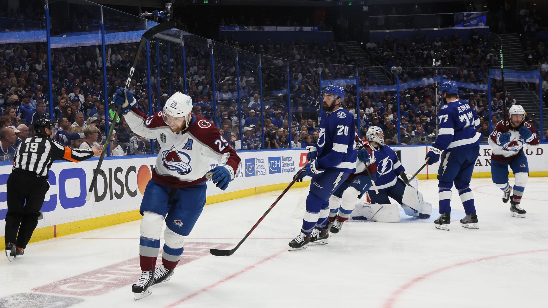 The Avalanche's Nathan MacKinnoncelebrates scoring a goal in the second period of Game 6 on Sunday. Photo: Bruce Bennett/Getty Images