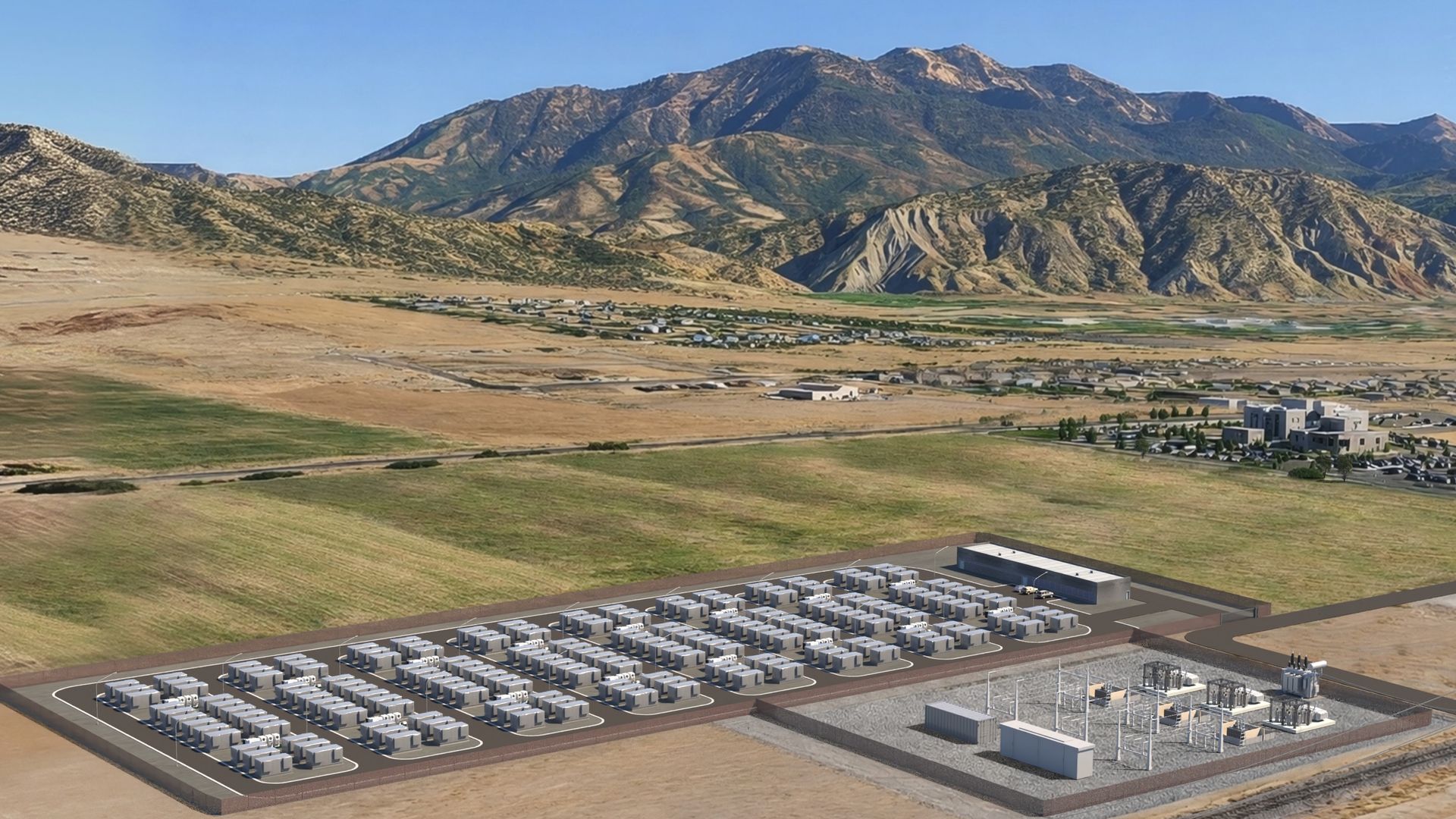 Conceptual rendering of a large energy storage facility with multiple battery units and electrical equipment, set in a valley with green and brown fields and mountains under a clear blue sky.