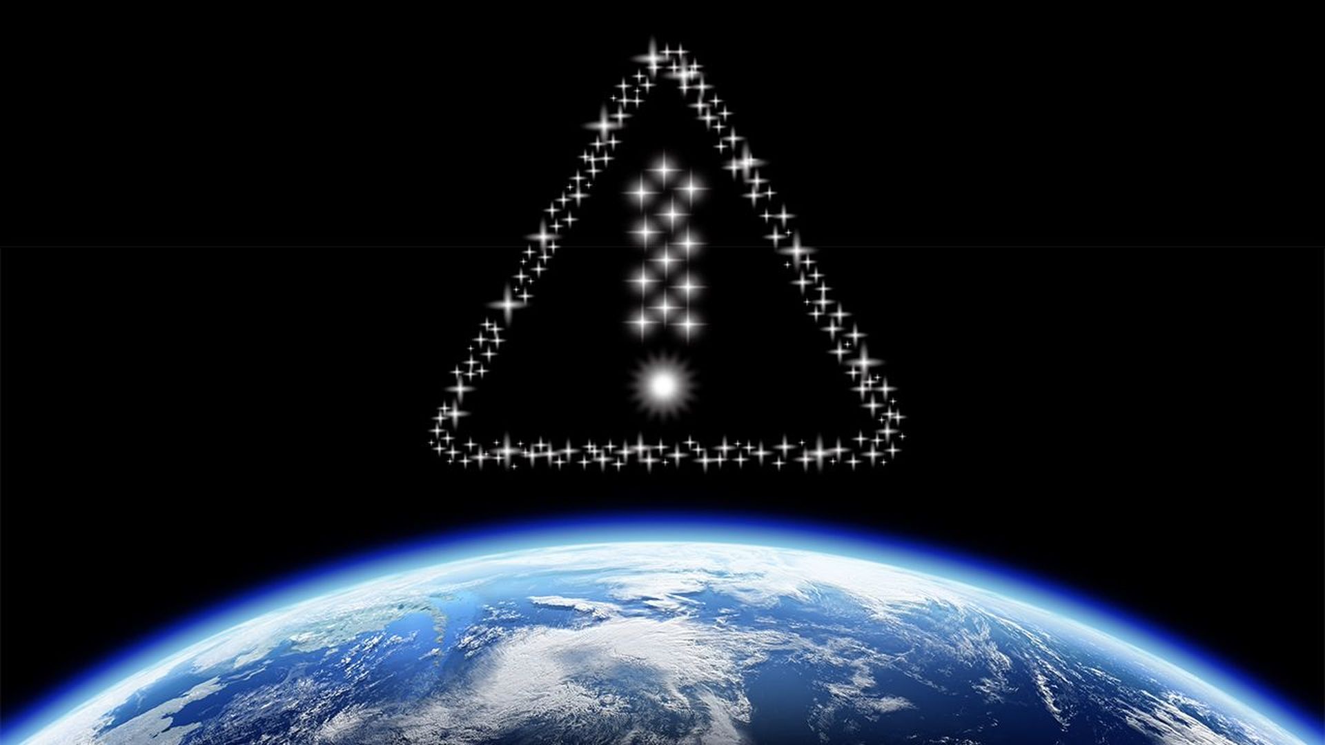 Illustration of stars creating an exclamation point caution symbol in the space above Earth