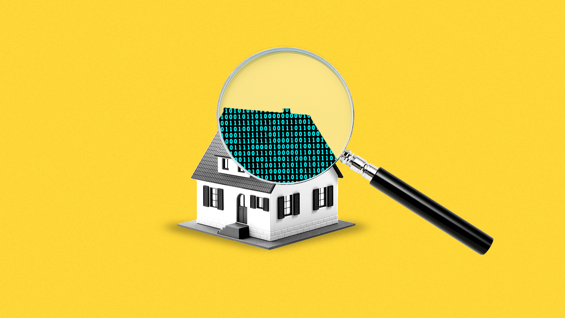 Illustration of a house being examined with a magnifying glass and revealing a binary code.