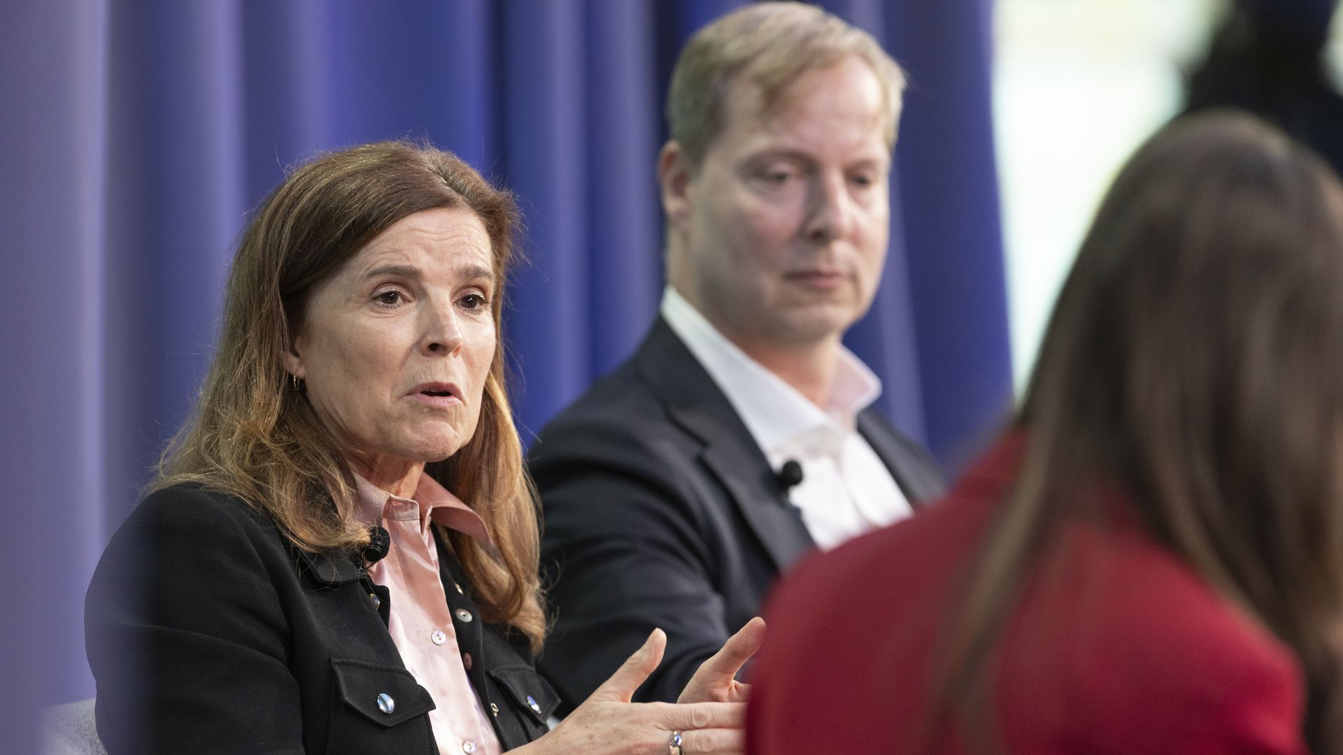 Wall Street Journal editor-in-chief Emma Tucker and Dow Jones CEO Almar Latour speak with Axios' Sara Fischer at Media Trends Live on Oct. 20 in New York City.