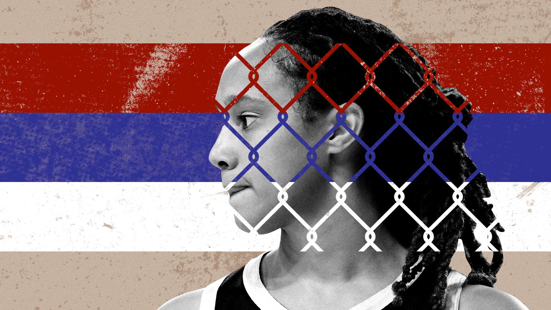 Photo illustration of Brittney Griner, the Russian flag and a chain link fence