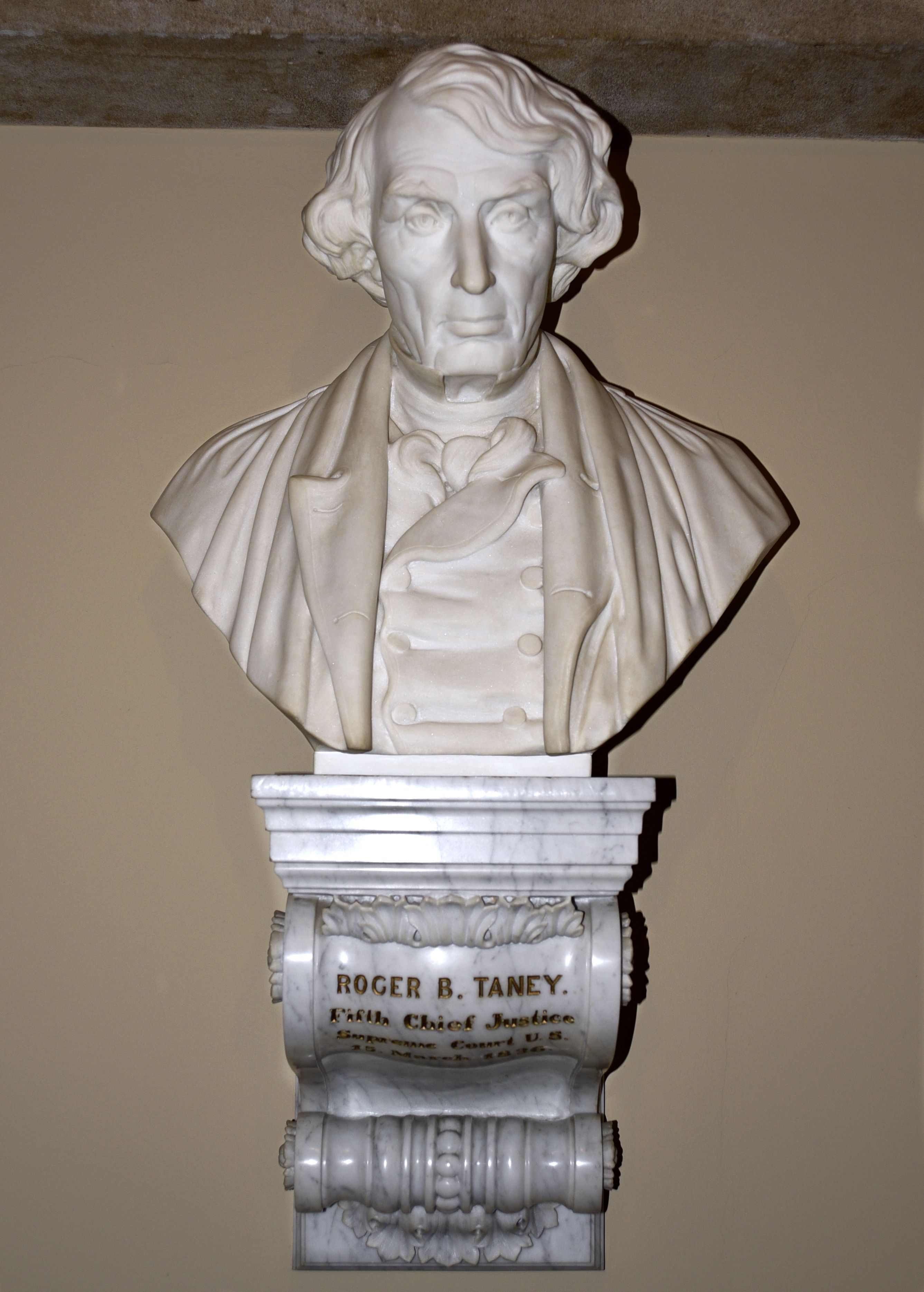 A marble bust of Roger Taney, former Chief justice of the U.S. Supreme Court, on display in the Old Supreme Court Chamber in the U.S. Capitol in Washington, D.C.