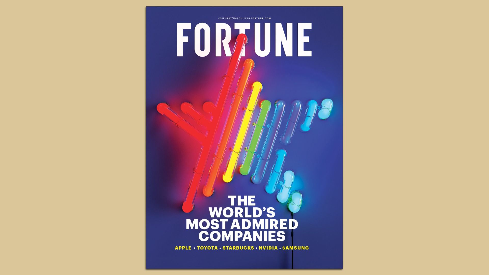 Fortune magazine cover February/March 2026, titled "The World's Most Admired Companies" with a colorful neon arrow in red, orange, yellow, green, and blue on a dark blue background.