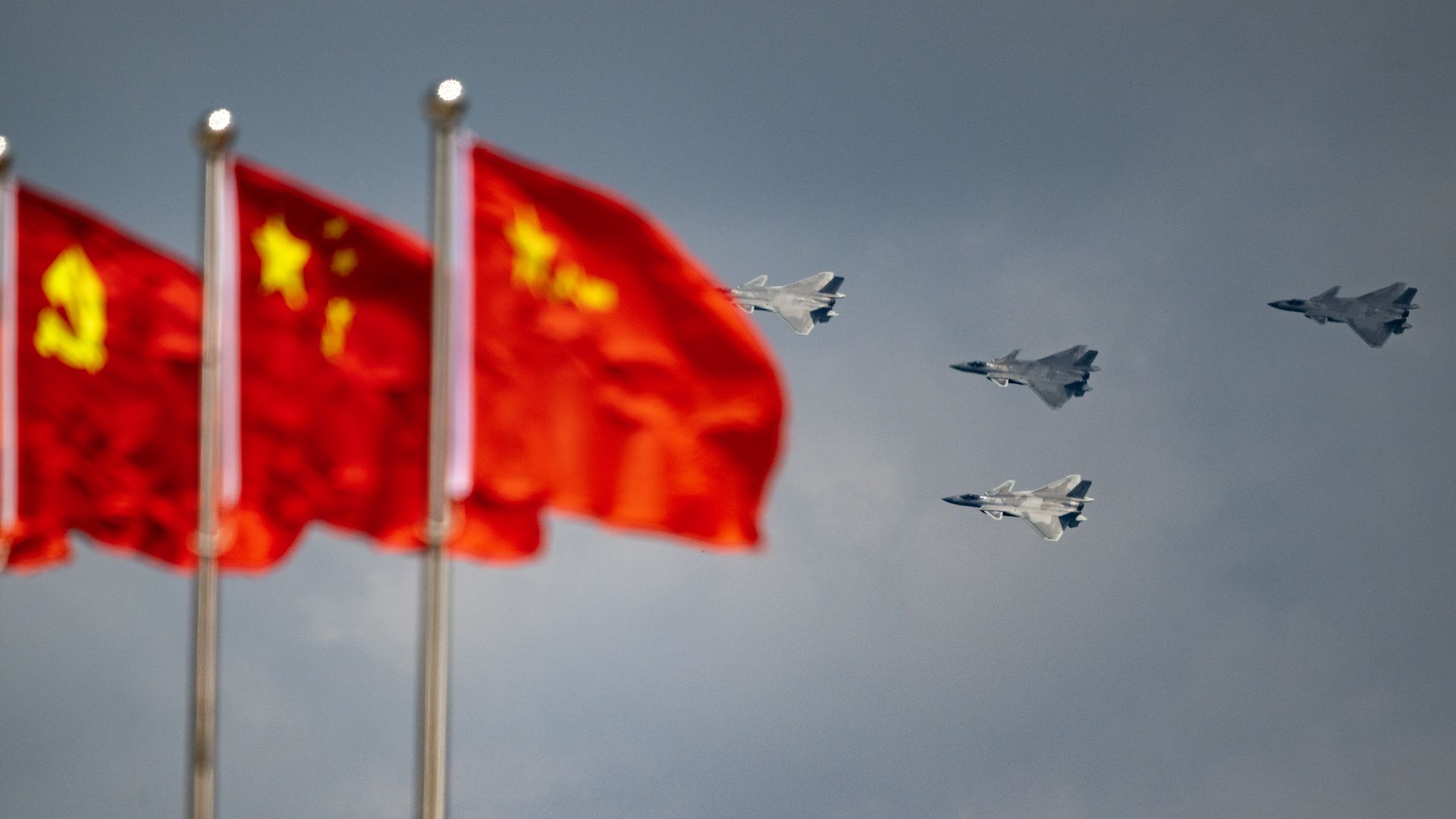J-20 stealth fighter jets rehearse for the upcoming 2023 Changchun Air Show on July 24, 2023 in Changchun, Jilin Province of China.