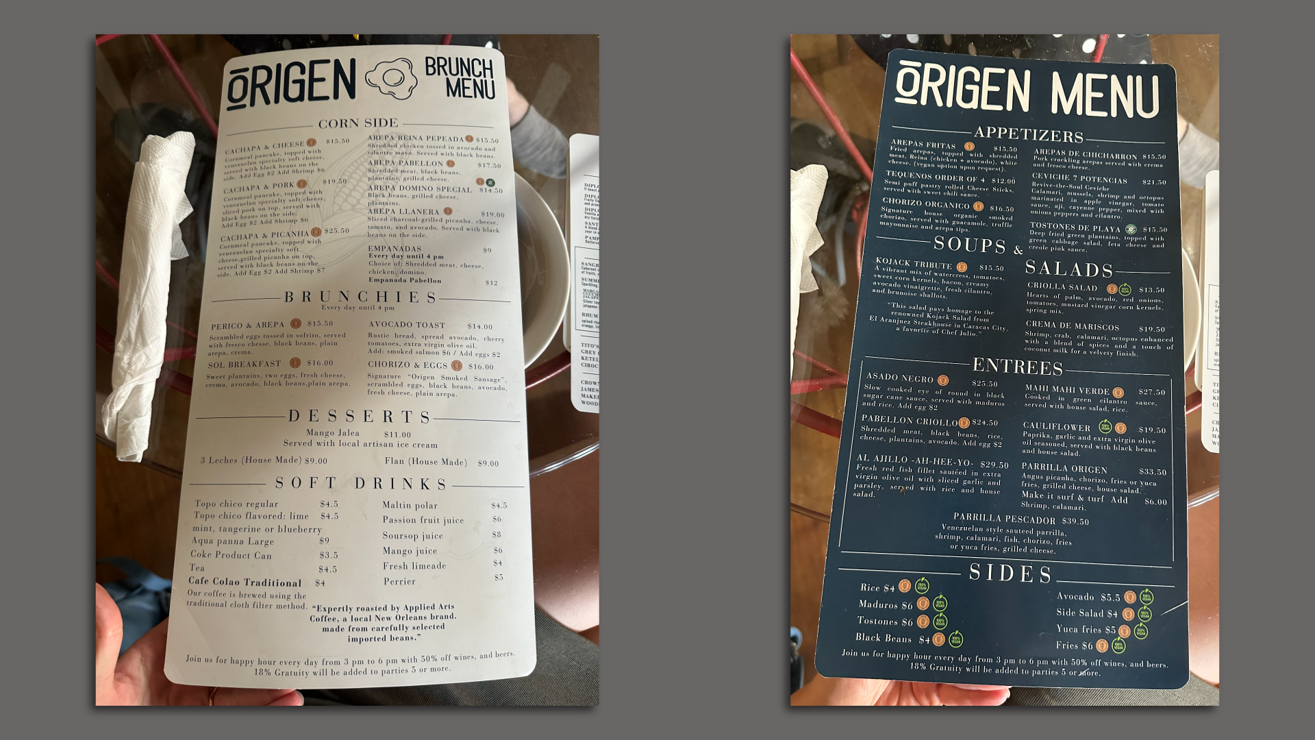 Two side-by-side photos of the Origen food menu.