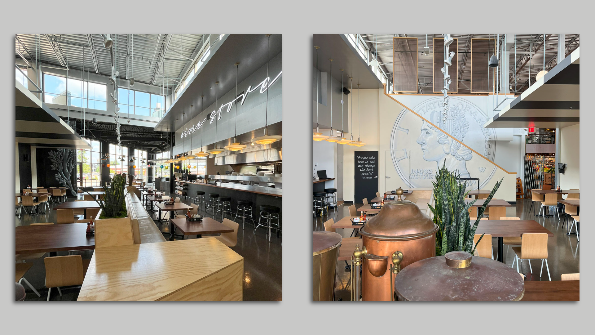 Two views of the wide-open interior of the restaurant