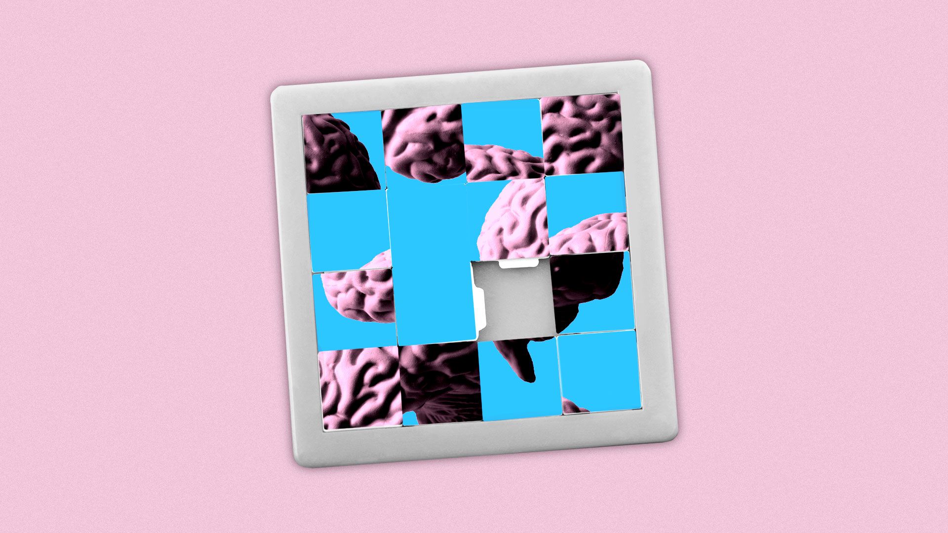 Illustration of a slide puzzle with an image of a brain all mixed up.