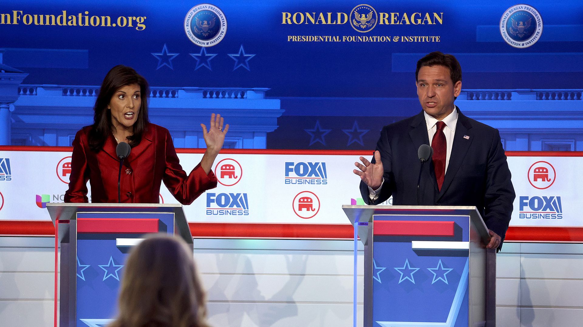 Former South Carolina Gov. Nikki Haley and Florida Gov. Ron DeSantis at the second 2024 GOP presidential debate.
