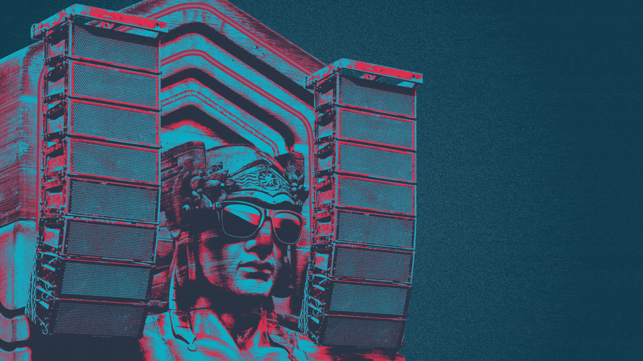 Animated illustration of one of the statues from the Hope Memorial Bridge wearing sunglasses, nodding its head to music, and singing with concert speakers behind it.