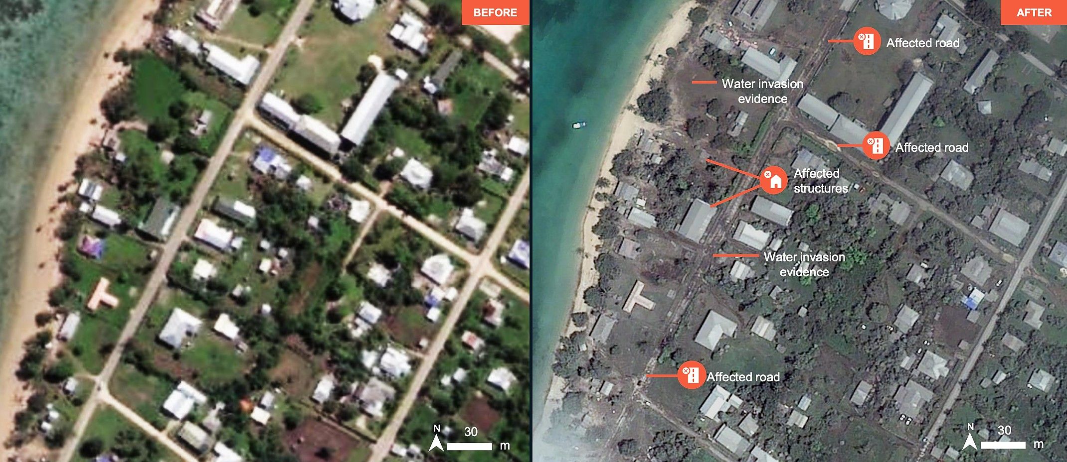  Before and after satellite images of Tonga’s Lifuka Village in Pangai District. Right, map shows evidence of water invasion and other damage on roads and affected structures.