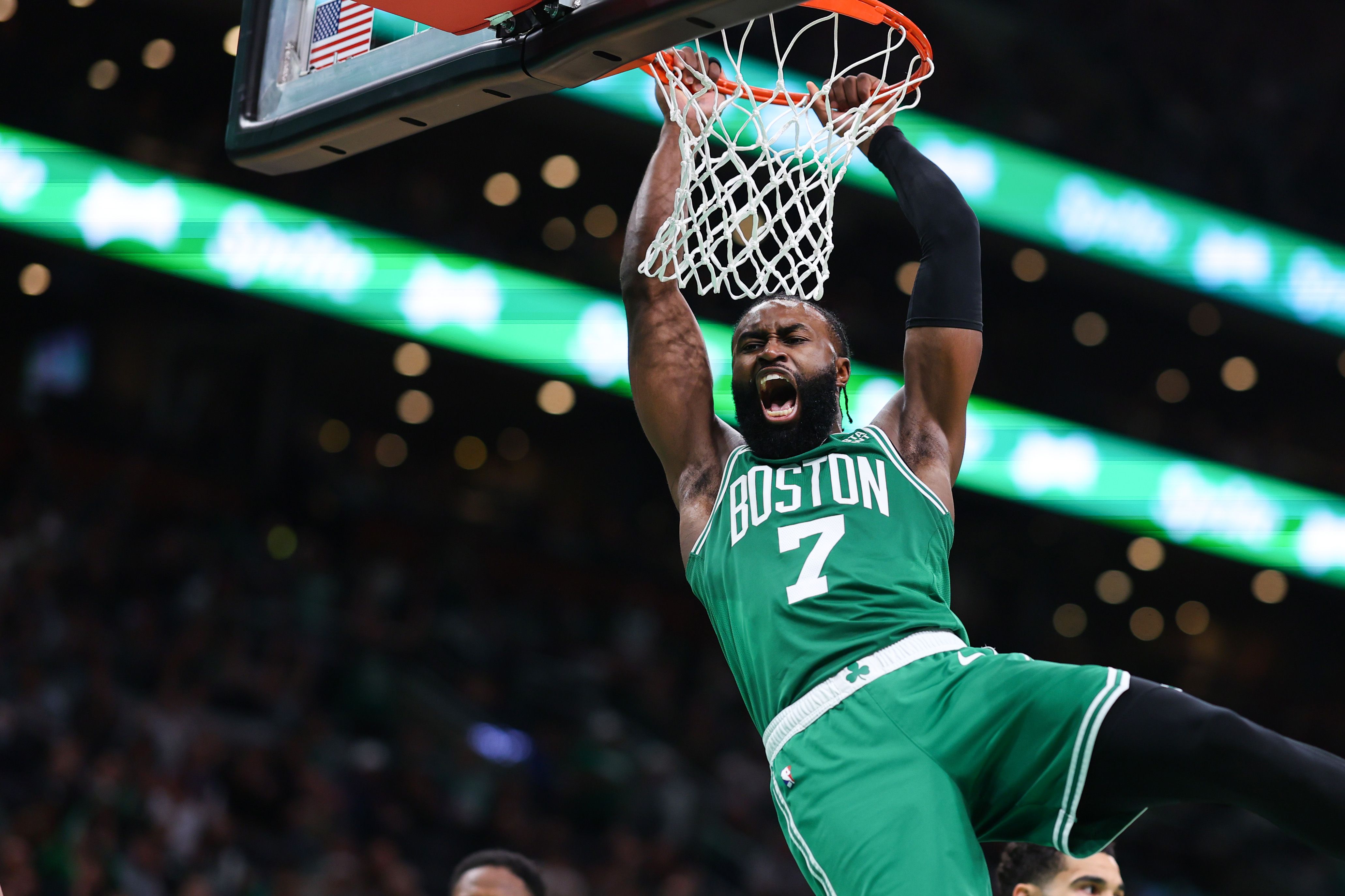 Jaylen Brown #7 of the Boston Celtics dunks the ball against the Miami Heat during the third quarter in game five of the Eastern Conference Finals at TD Garden on May 25, 2023 in Boston, Massachusetts.