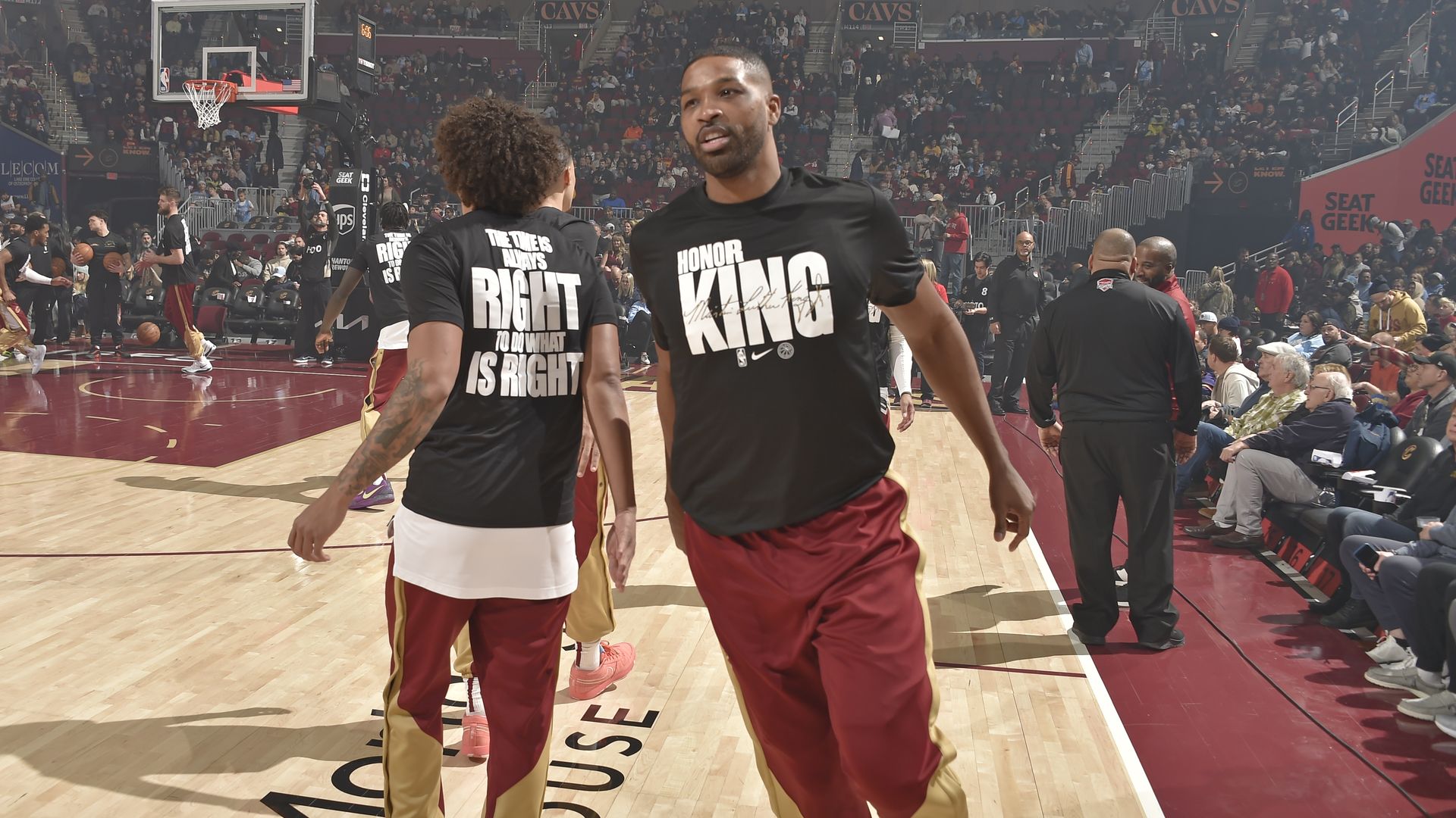 Cavs' Tristan Thompson in warmups with black t-shirt that says Honor King (for MLK Day)