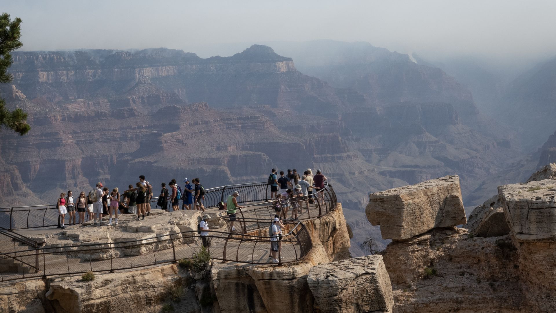 Smoke from nearby wildfires settles into the Grand Canyon on July 15, 2025 in Grand Canyon, Arizona.