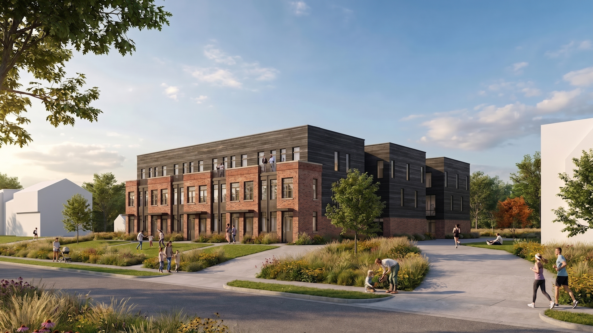 A modern building with brick first floor and dark wood upper stories stands in a sunny, landscaped area. People walk paths, sit on benches, and play near trees and shrubs.