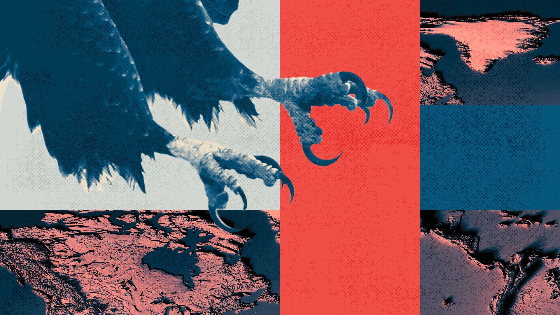 Illustration of a collage featuring an eagle's talons, and maps of Greenland, Canada and the Panama Canal among colorful blocks.