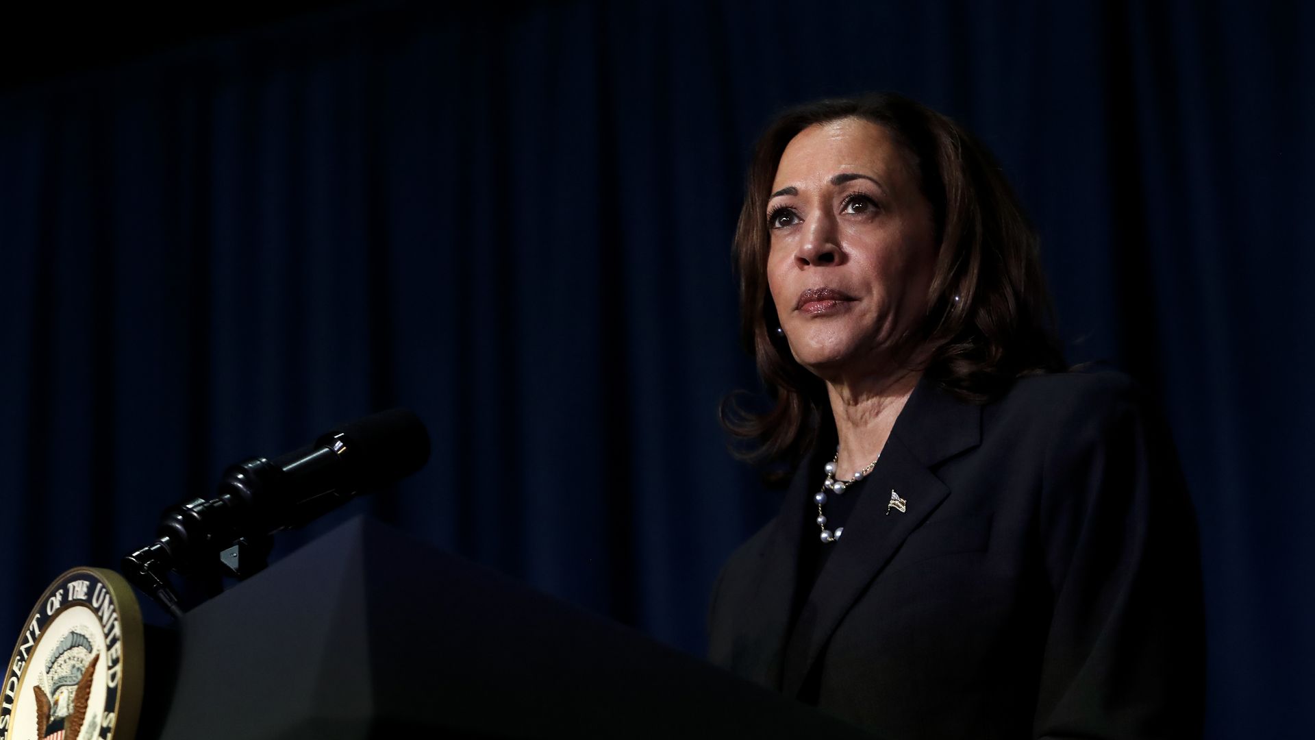 Kamala Harris stands at a microphone