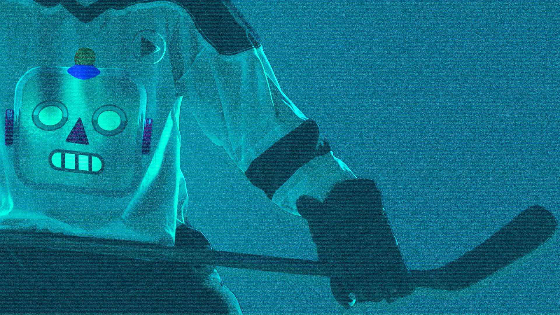 Illustration of a hockey player with a robot logo and a play button logo on his sweater, with an old TV effect over it.