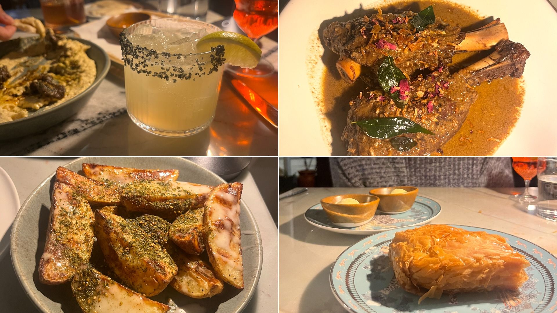 Quad image of food: top left salted margarita with lime; top right braised chops in brown sauce with herbs; bottom left herb-crusted potato wedges; bottom right flaky pastry on a decorative plate.