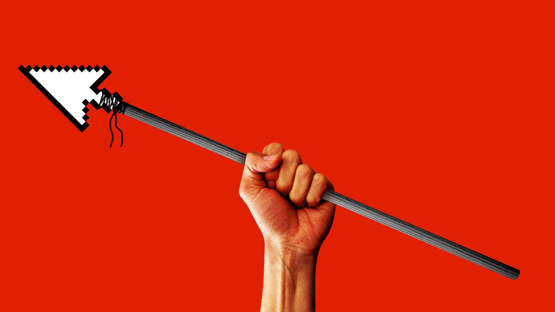 Illustration of a hand holding a spear where the tip is made from a cursor arrow.