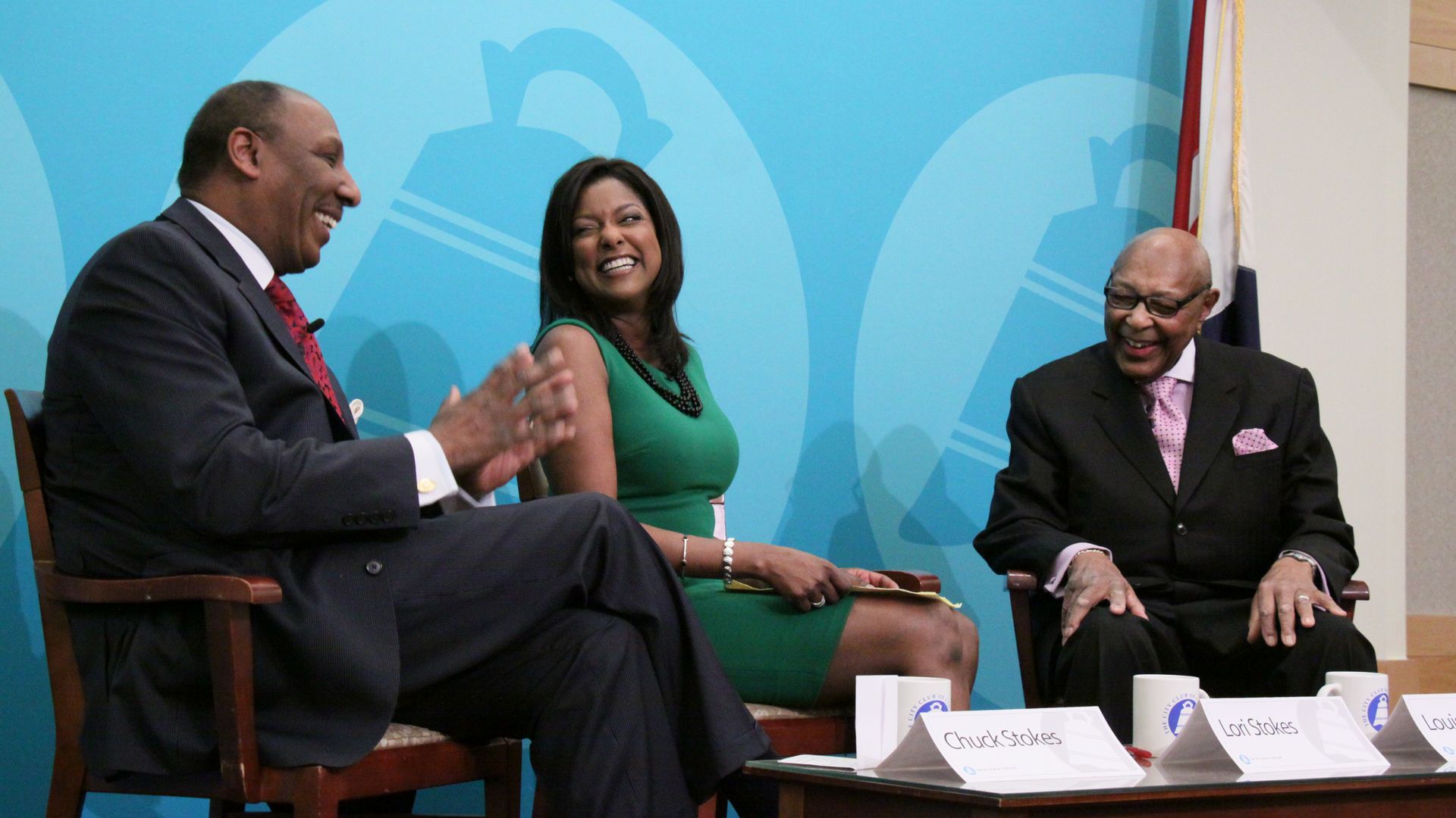 Louis Stokes is interviewed by his children Chuck Stokes (L) and Lori Stokes (middle) at the City Club of Cleveland