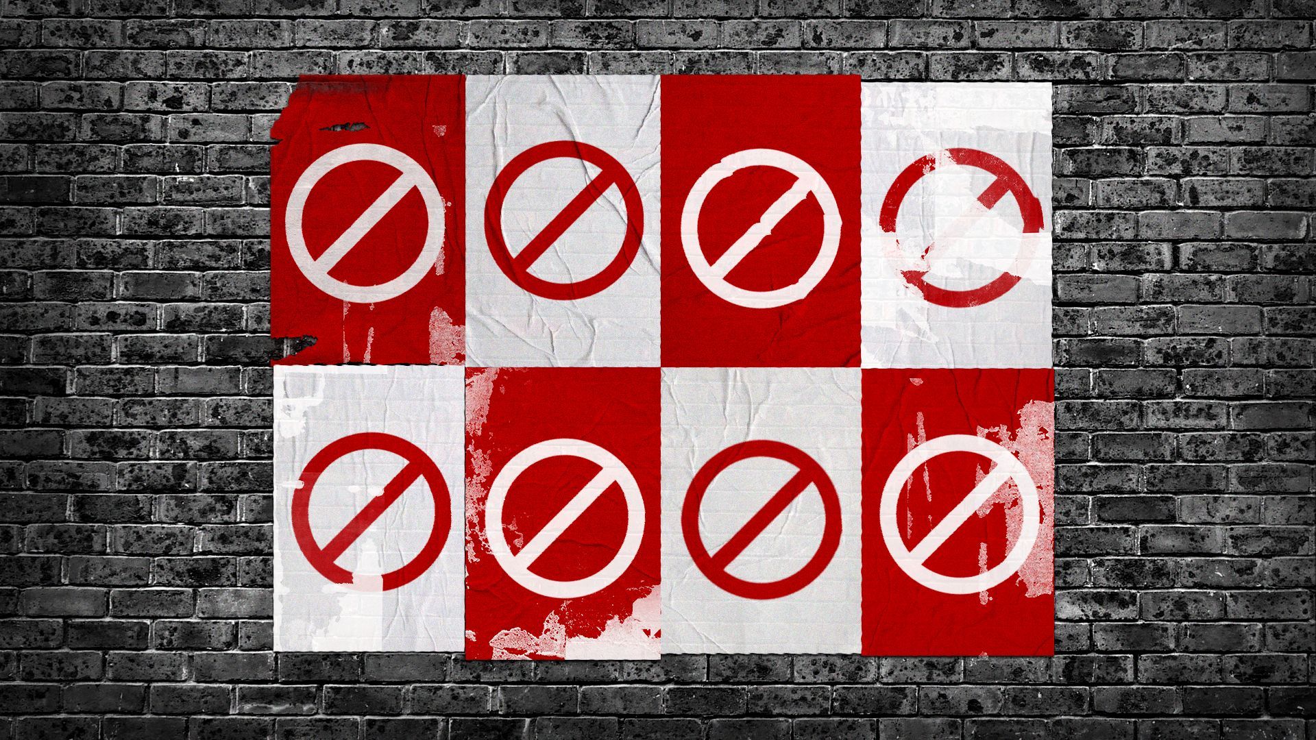 Illustration of several wheatpaste posters on a brick wall with a "no" symbol on them.