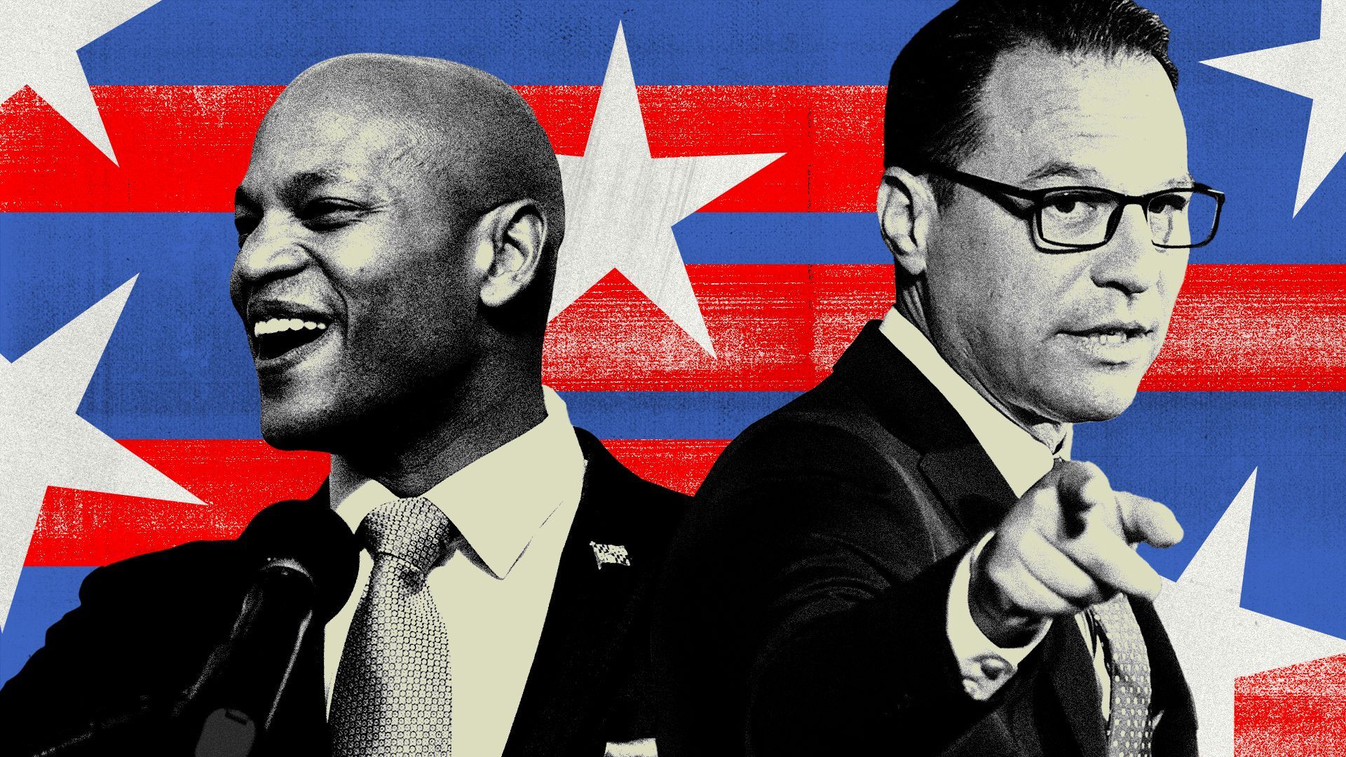 Photo illustration of Wes Moore, Josh Shapiro, stars, and stripes.