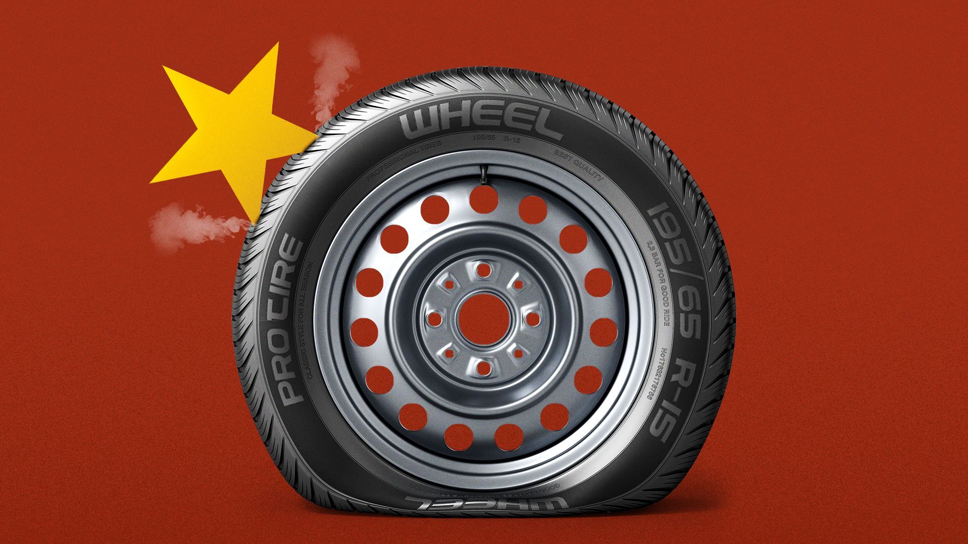 Illustration of a flat tire with a yellow star puncturing it, and leaking air.