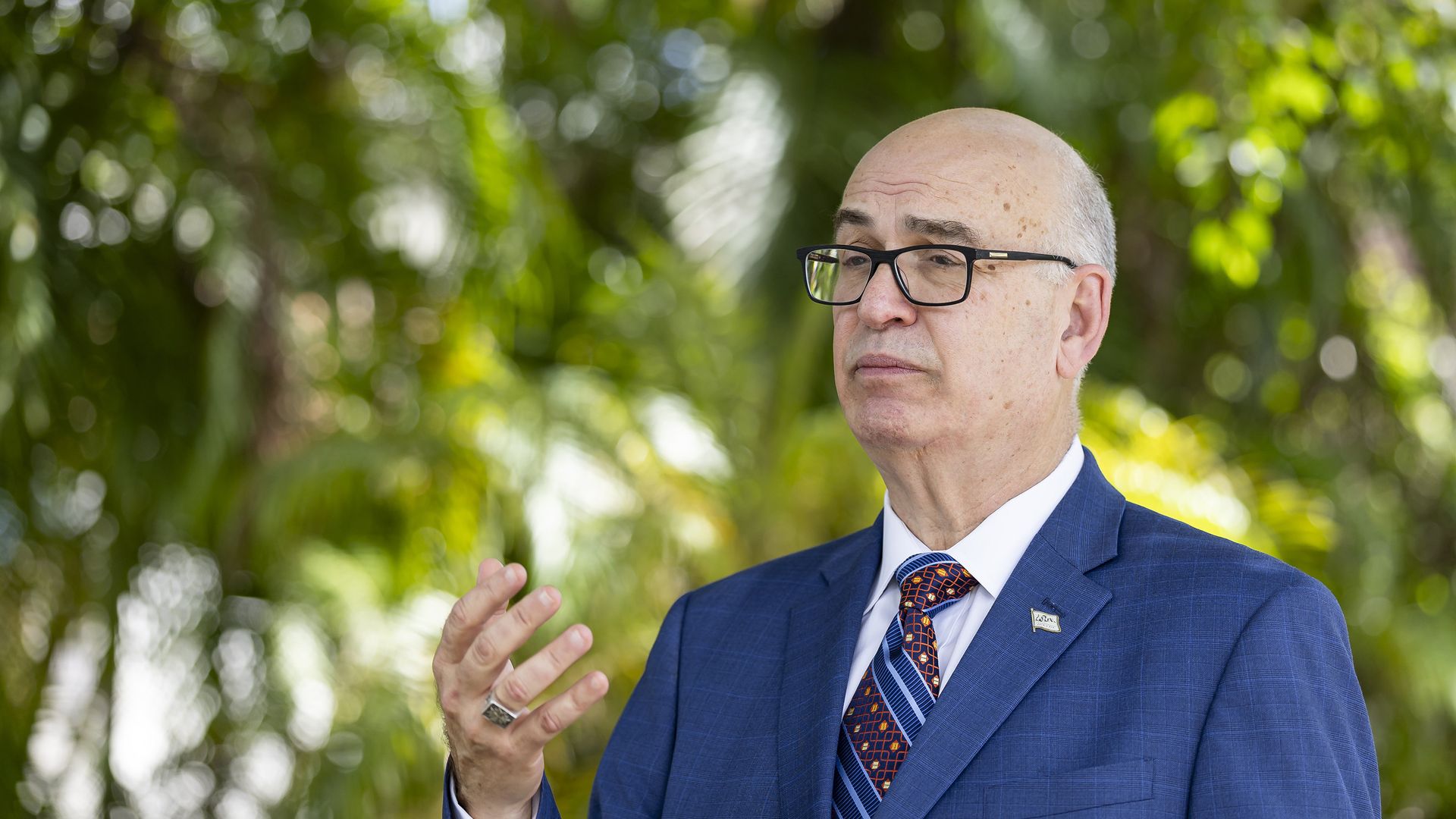 City of Miami mayoral candidate Emilio González speaks during a press conference outside of his home on Wednesday, July 16, 2025, in Miami. González, who is a former city manager, has sued the city over its decision to move the coming November election to 2026 without voter approval. (Matias J. Ocne