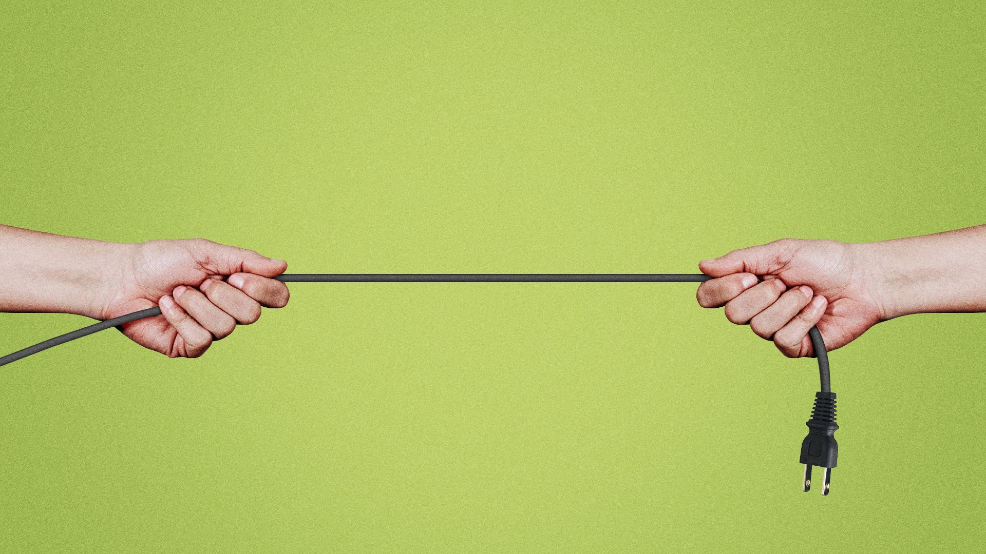 Illustration of two hands pulling a black power cord from opposite sides against a green background like a tug of war. 