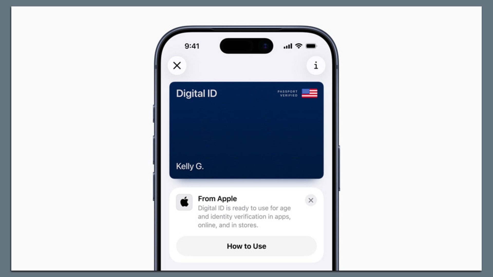 Smartphone screen showing a dark blue Digital ID card with name Kelly G., U.S. flag, and label Passport Verified. Below is a message from Apple that says "Digital ID is ready to use for age and identity verification in apps, online and in stores."