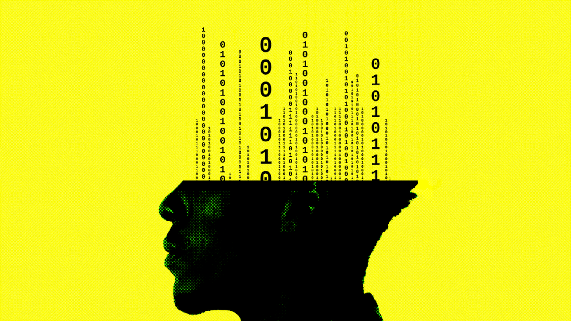 An illustration of ones and zeroes coming out of a head.