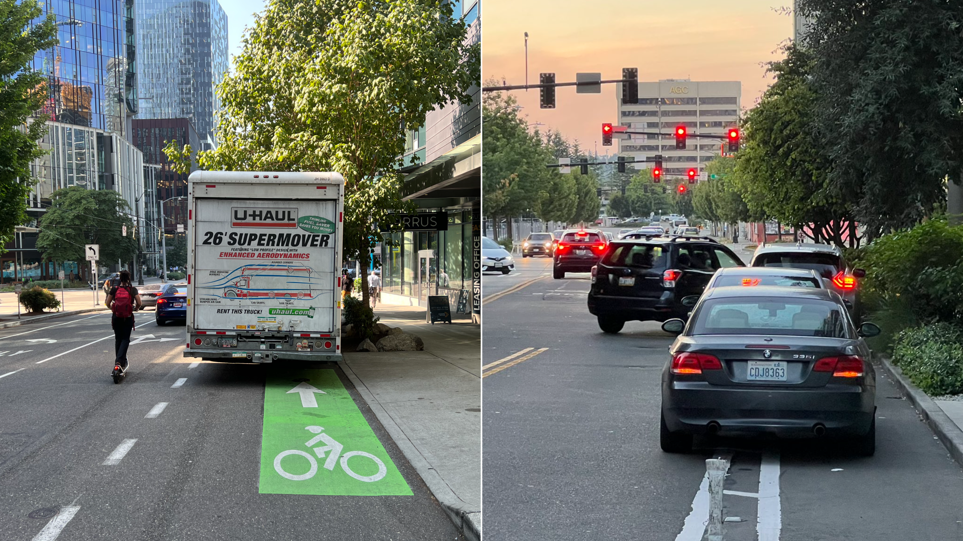 Two photos side by side, one of a box truck in a bike lane and another of cars in a bike lane.