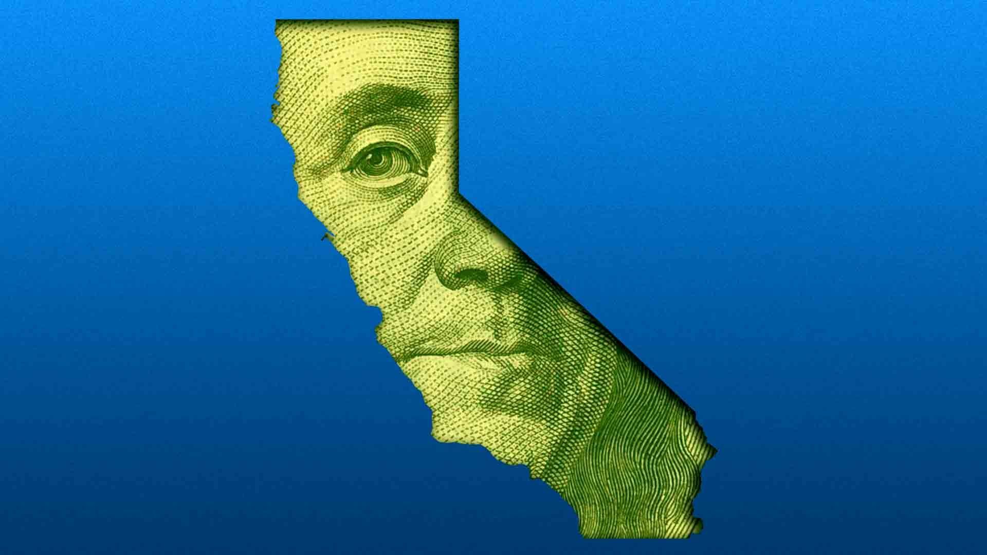 Illustration of the shape of California framing Ben Franklin's face from a hundred dollar bill