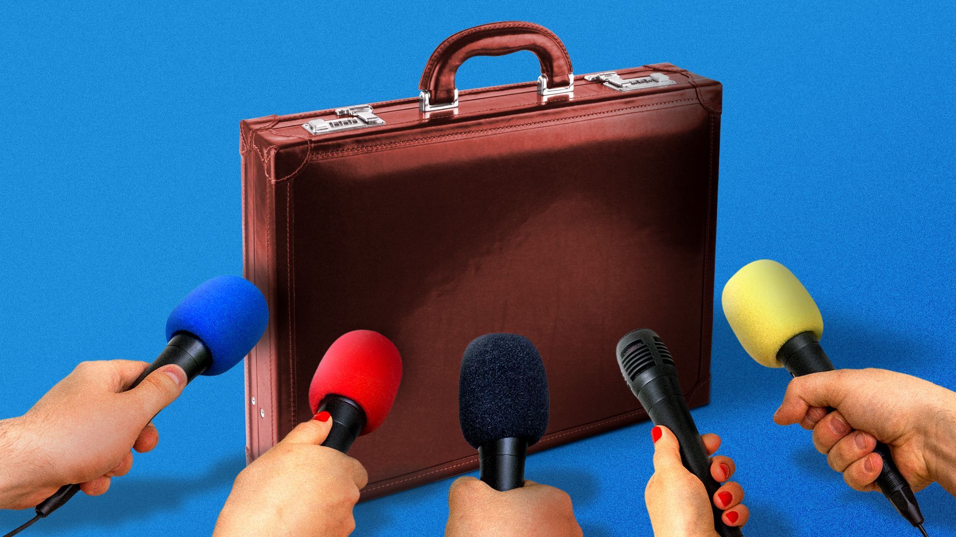 Illustration of various hands holding microphones surrorunding a briefcase
