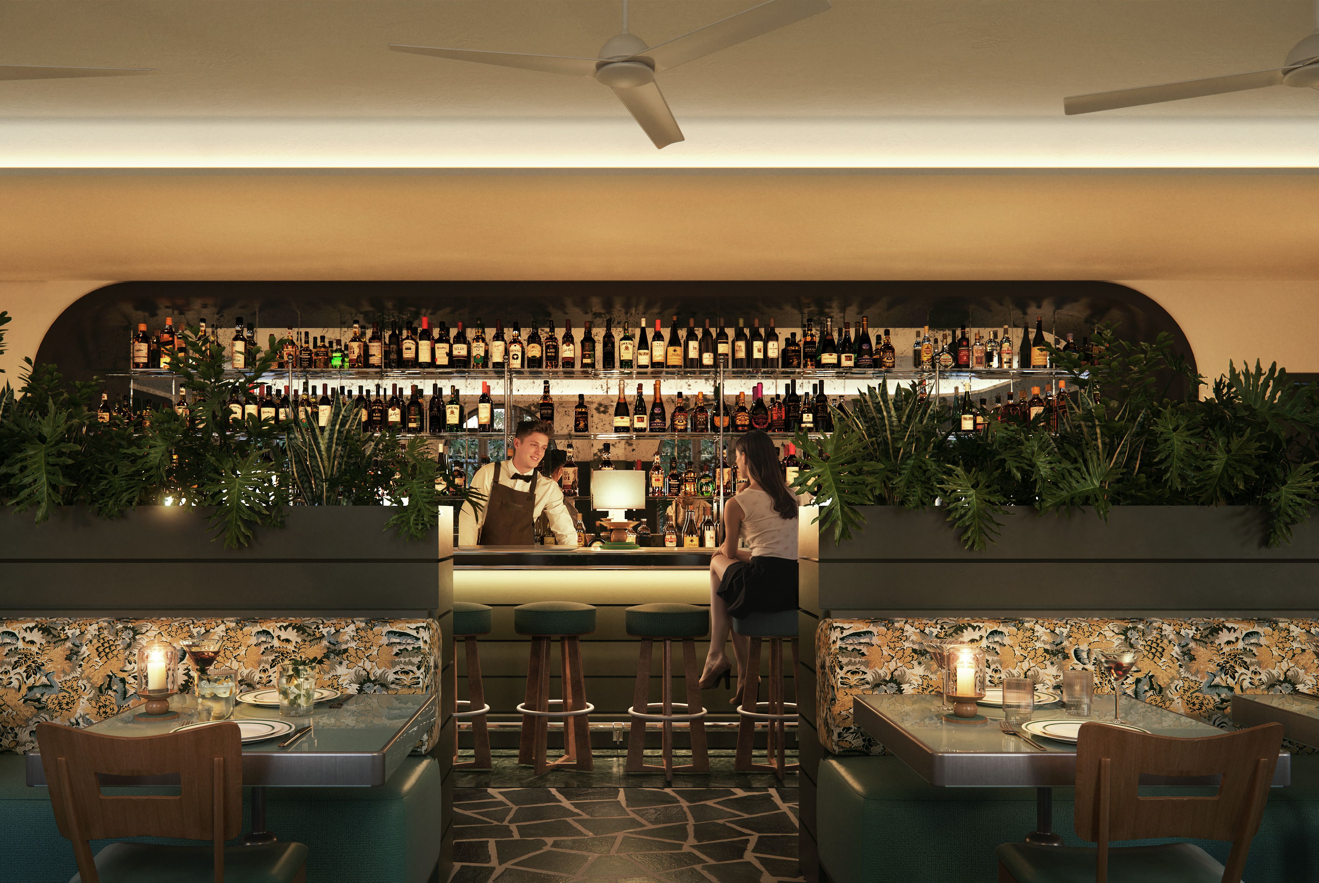 Cozy bar scene with a bartender in a white shirt and brown apron serving a woman on a stool, surrounded by lush green plants, backlit shelves of liquor bottles, and warm ambient lighting.