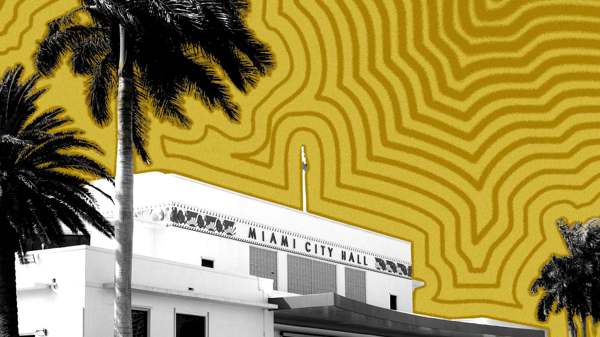 Photo illustration of Miami City Hall with lines radiating from it. 