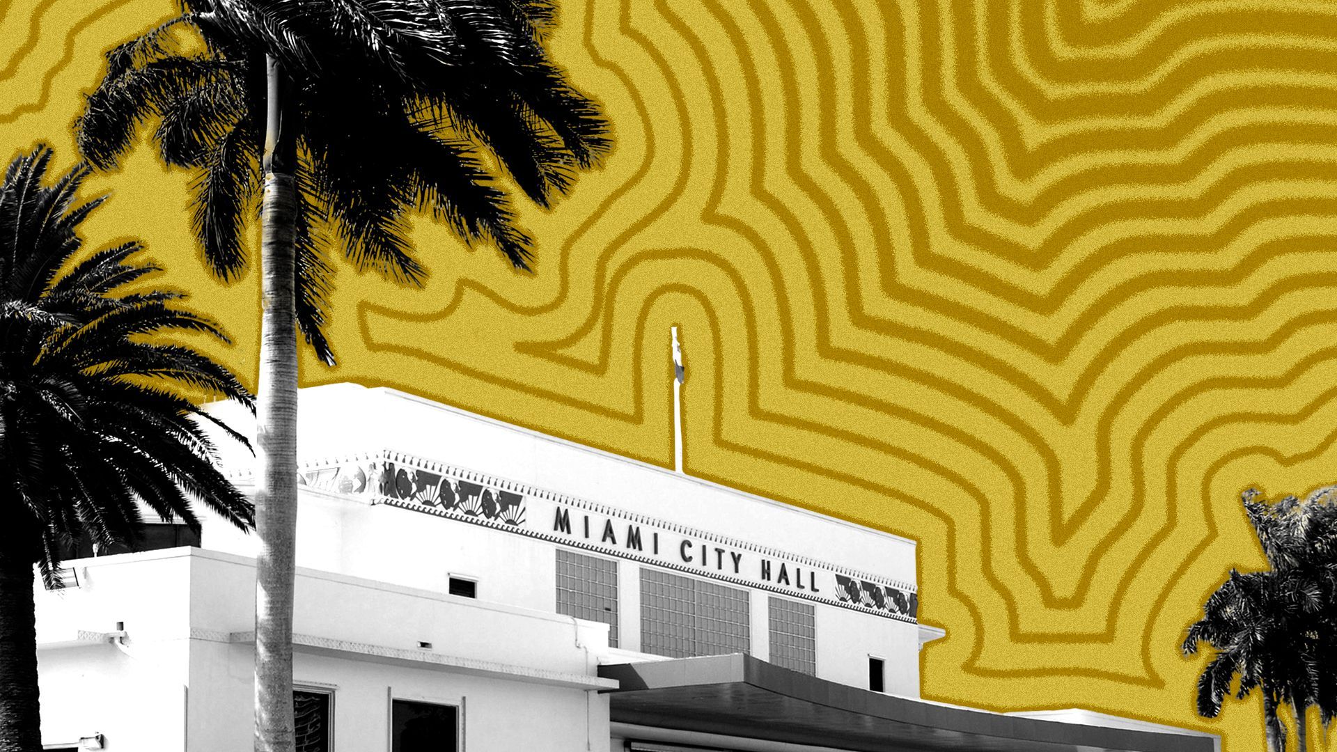 Photo illustration of Miami City Hall with lines radiating from it.