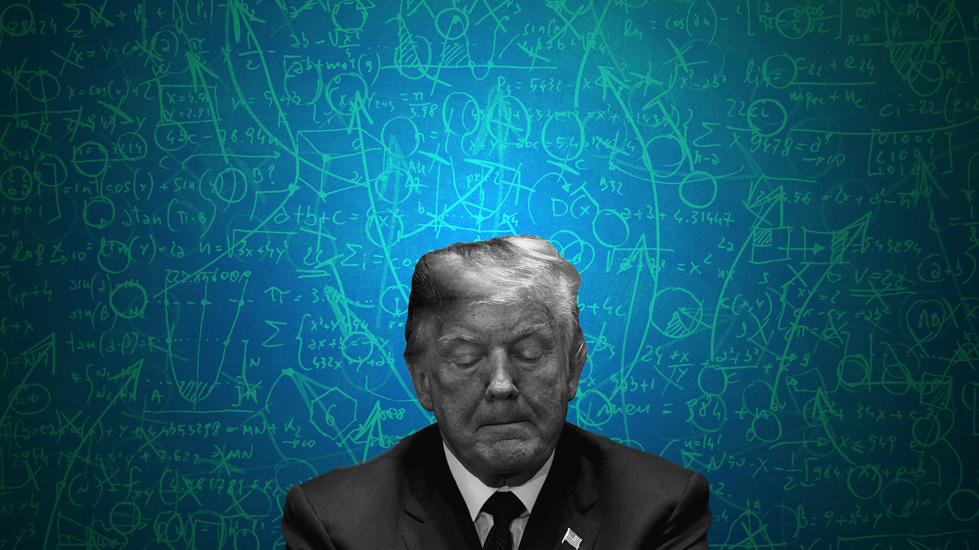 Illustration of President Trump looking down in front of a background of equations and strategy diagrams.