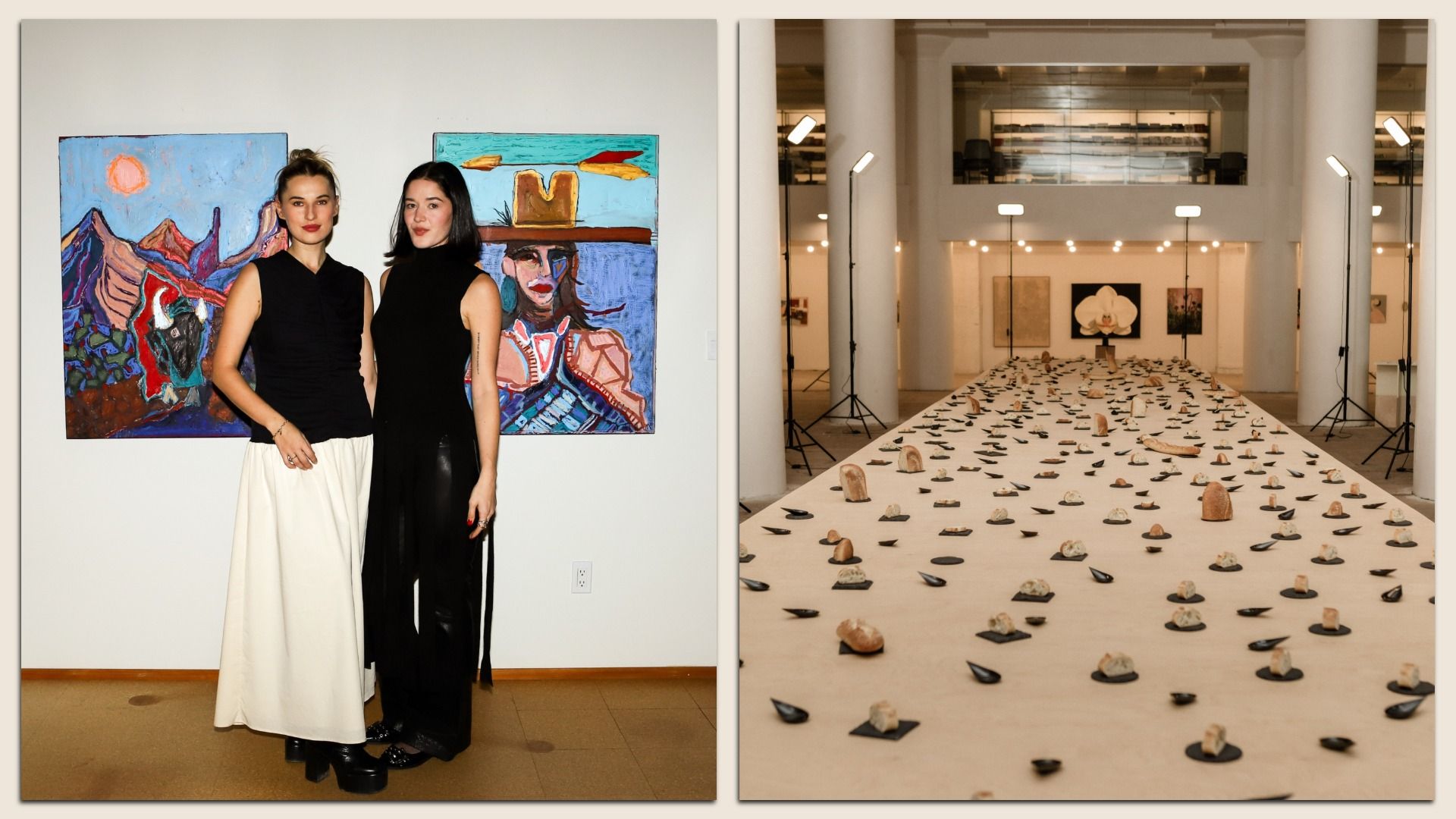 Two women in black stand by bright, colorful paintings in an art gallery; the right panel shows a long white runway-like table dotted with small rocks and sculptures, under white columns and lights.