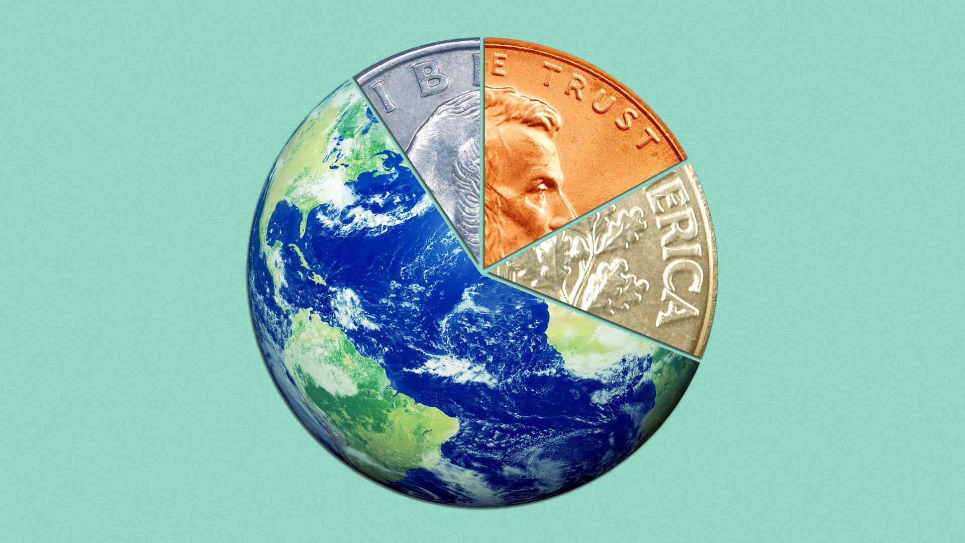 Illustration of the earth as a pie chart made up of various coins