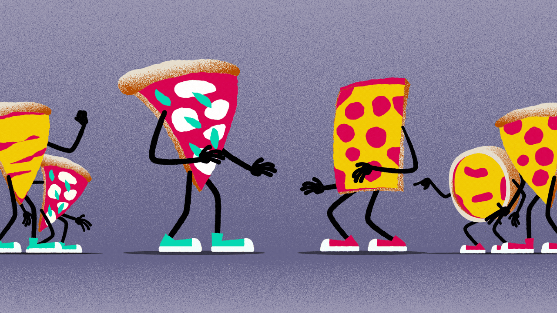 Illustration of a fistfight between two slices of pizza, with other types of pizza looking on.
